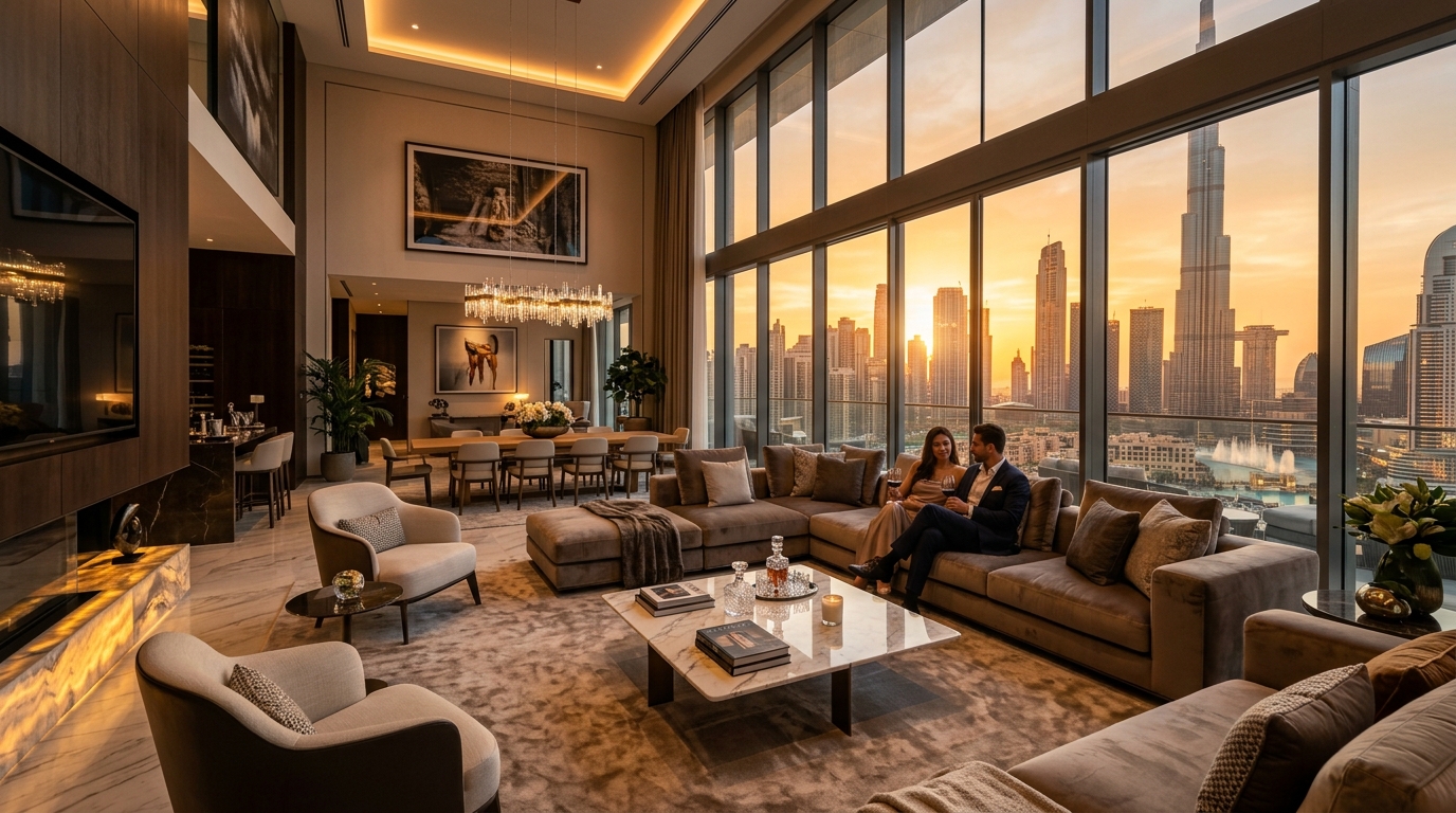 Modern luxury Dubai penthouse living room with Burj Khalifa view