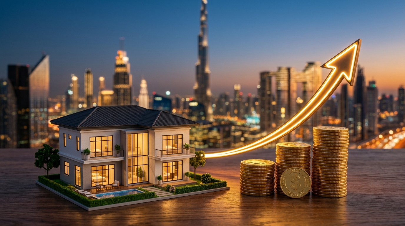 Gold coins and miniature house with ascending investment growth arrow