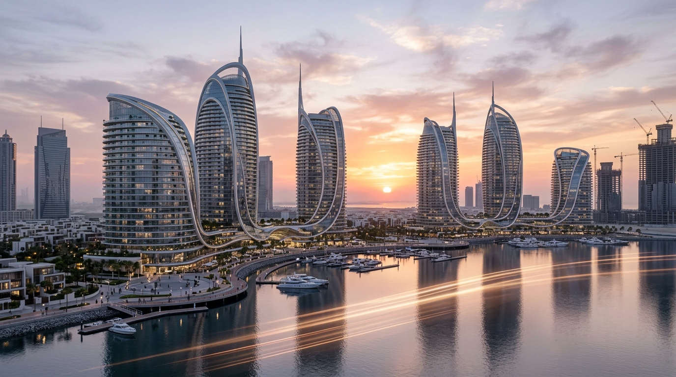 Futuristic luxury off-plan development towers in Dubai at sunset