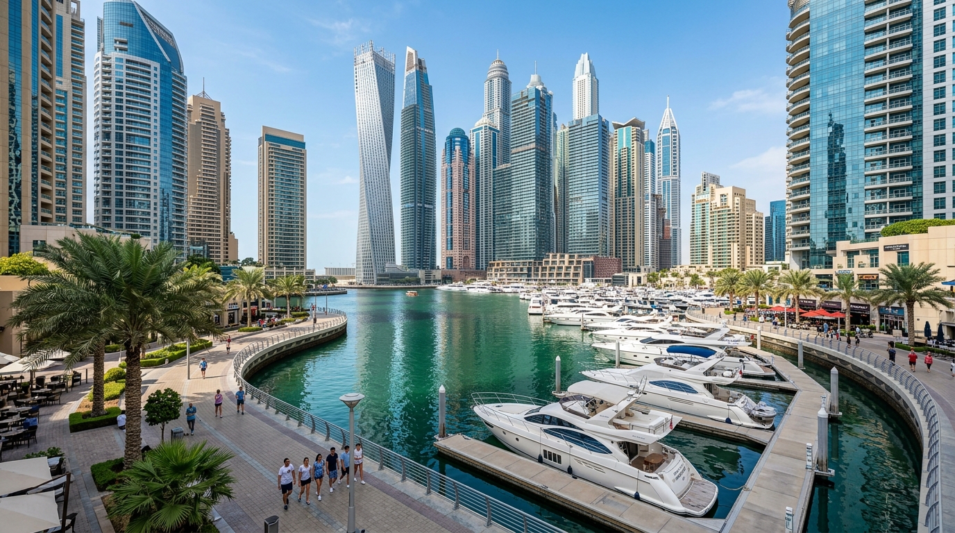 Dubai Marina waterfront promenade with luxury yachts and towers
